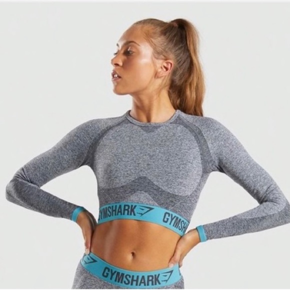 Gymshark Tops - Gymshark Heather Gray and Teal Long Sleeve Crop Top